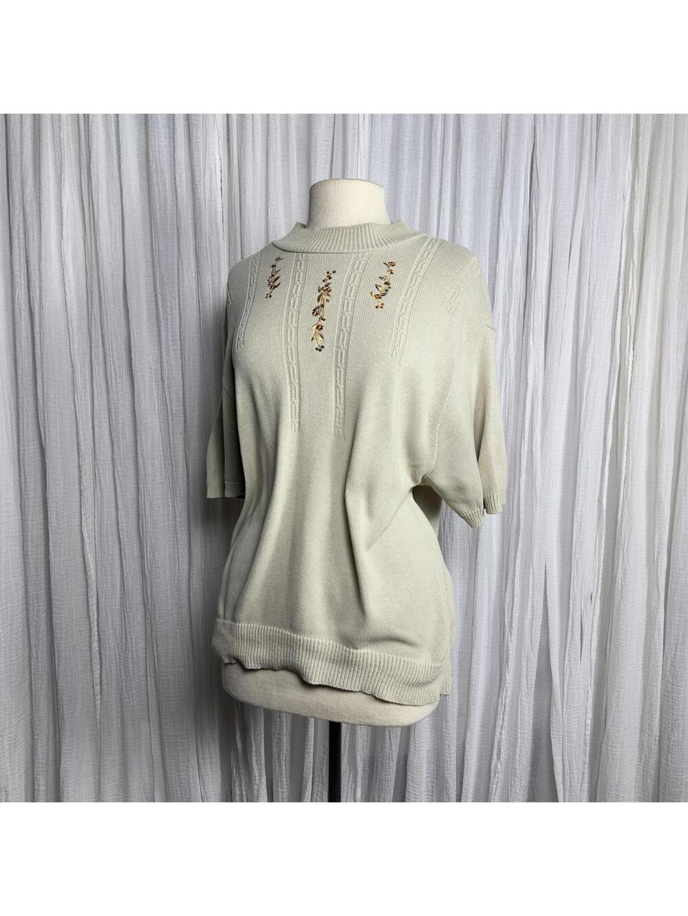 Vintage Grannycore Fall Embroidered Floral Knit Sweater Top (1X)
